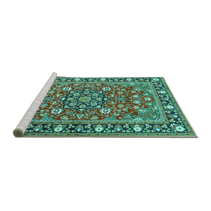 Sideview of Machine Washable Persian Turquoise Traditional Area Rugs, wshtr2246turq