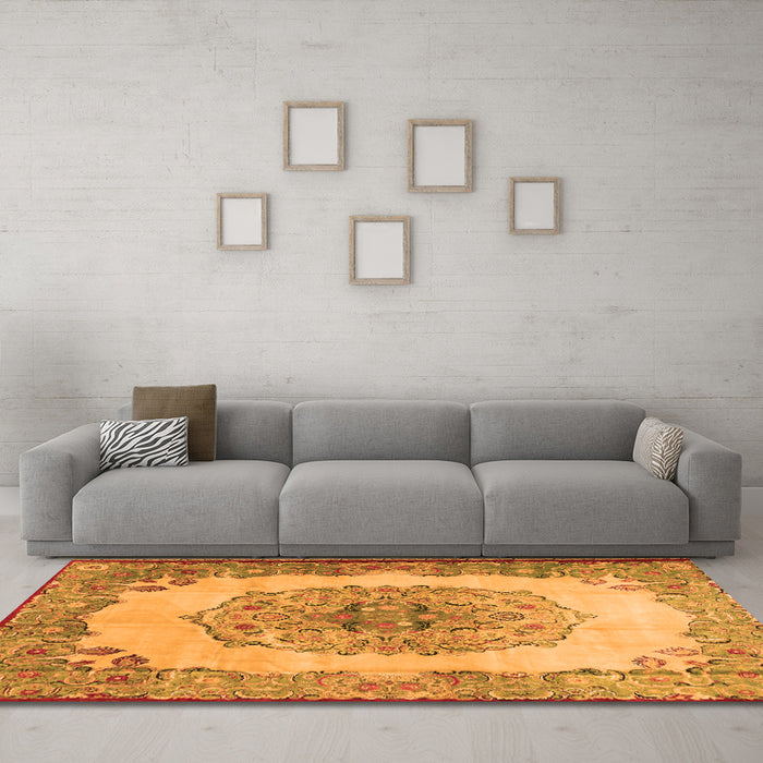 Machine Washable Medallion Orange Traditional Area Rugs in a Living Room, wshtr2247org