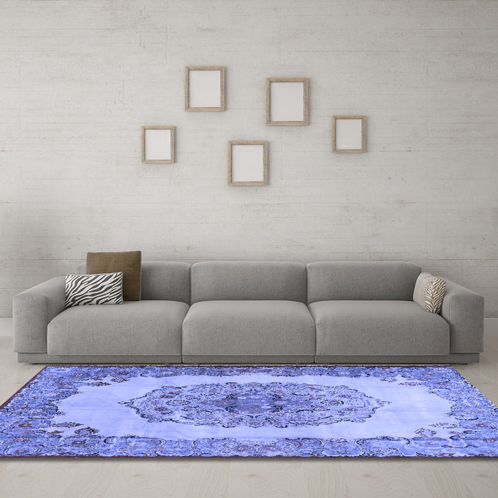 Machine Washable Medallion Blue Traditional Rug in a Living Room, wshtr2247blu