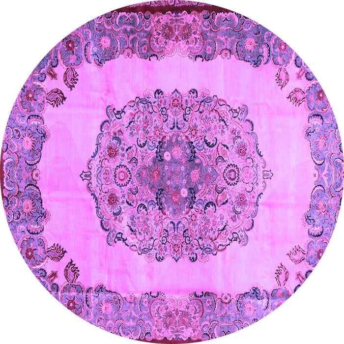 Round Machine Washable Medallion Purple Traditional Area Rugs, wshtr2247pur