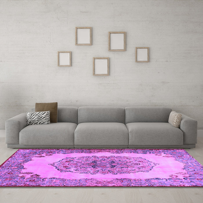 Machine Washable Medallion Purple Traditional Area Rugs in a Living Room, wshtr2247pur