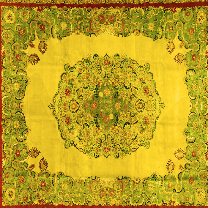 Square Machine Washable Medallion Yellow Traditional Rug, wshtr2247yw