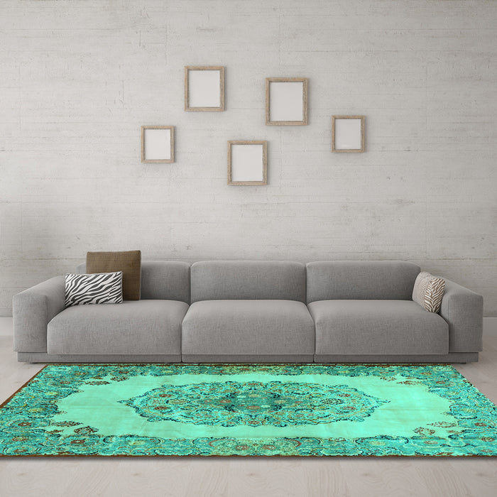 Machine Washable Medallion Turquoise Traditional Area Rugs in a Living Room,, wshtr2247turq
