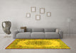 Machine Washable Medallion Yellow Traditional Rug in a Living Room, wshtr2247yw