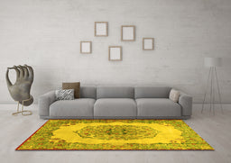 Machine Washable Medallion Yellow Traditional Rug in a Living Room, wshtr2247yw
