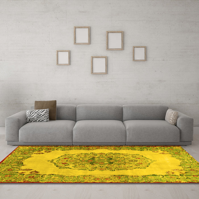 Machine Washable Medallion Yellow Traditional Rug in a Living Room, wshtr2247yw