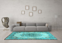 Machine Washable Medallion Light Blue Traditional Rug, wshtr2247lblu