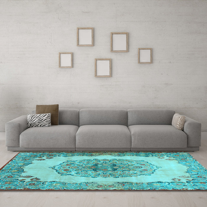 Machine Washable Medallion Light Blue Traditional Rug in a Living Room, wshtr2247lblu