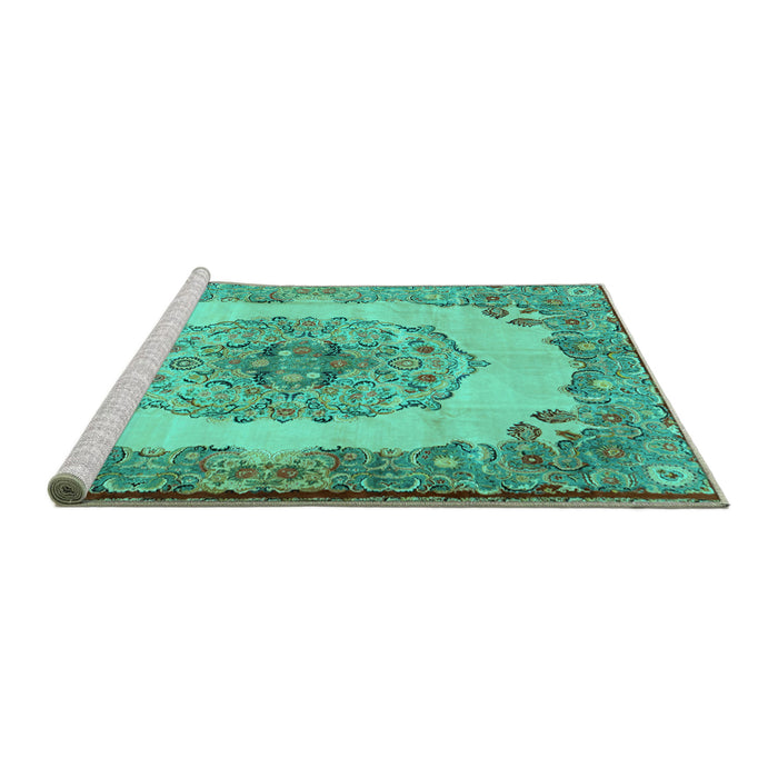 Sideview of Machine Washable Medallion Turquoise Traditional Area Rugs, wshtr2247turq