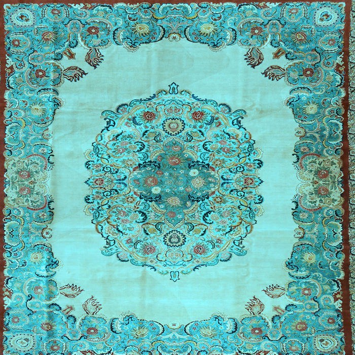 Square Machine Washable Medallion Light Blue Traditional Rug, wshtr2247lblu