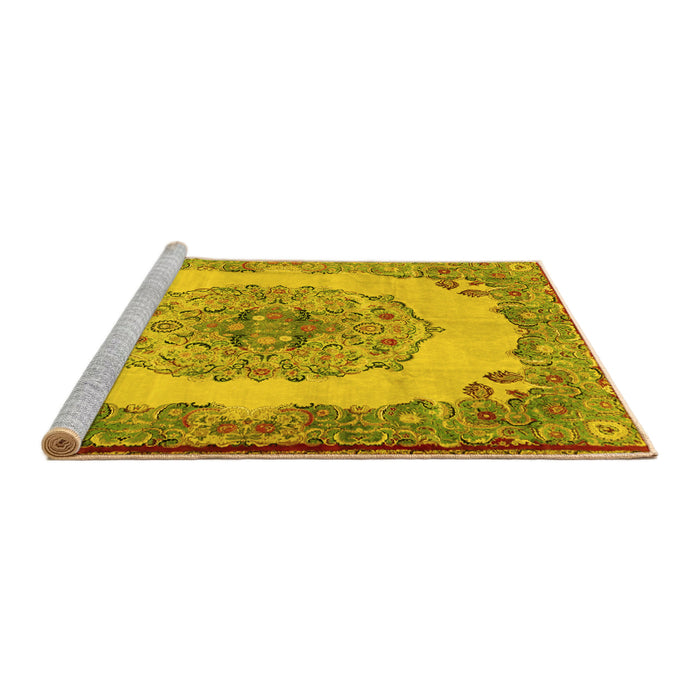 Sideview of Machine Washable Medallion Yellow Traditional Rug, wshtr2247yw
