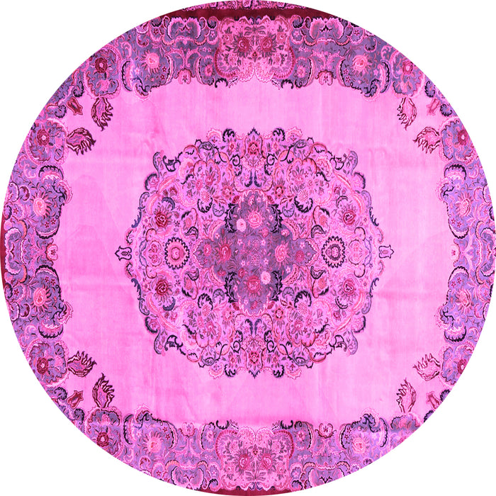 Round Machine Washable Medallion Pink Traditional Rug, wshtr2247pnk