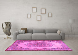 Machine Washable Medallion Pink Traditional Rug in a Living Room, wshtr2247pnk