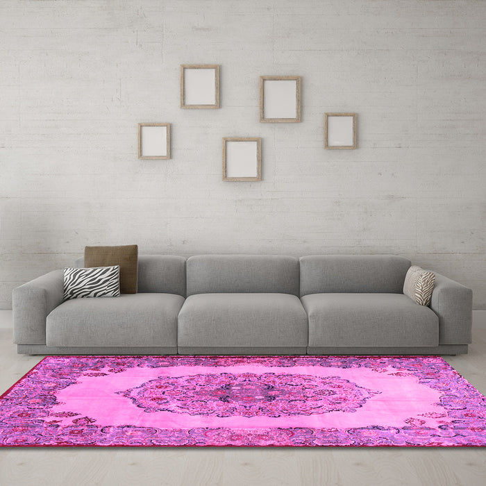 Machine Washable Medallion Pink Traditional Rug in a Living Room, wshtr2247pnk