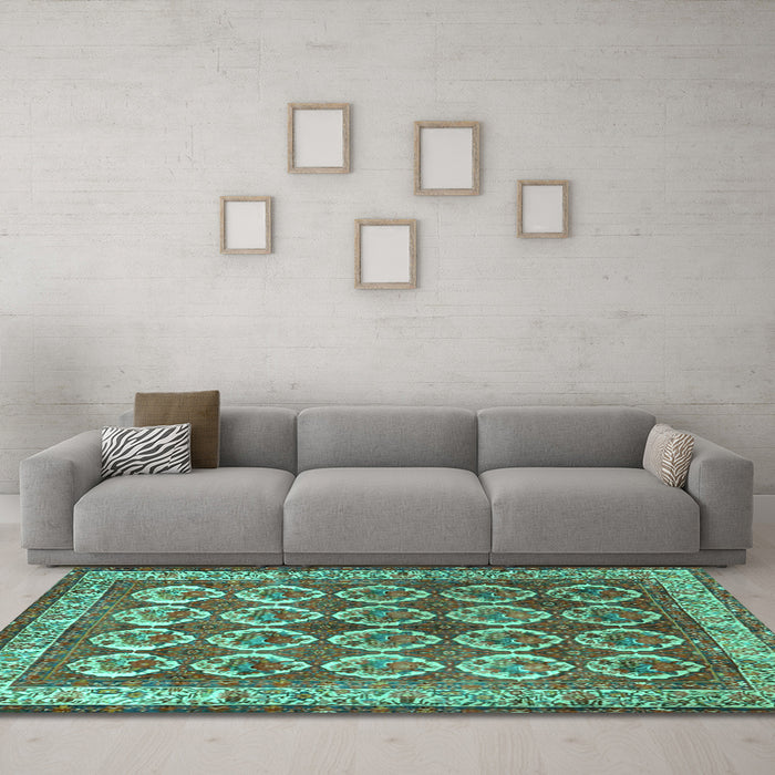 Machine Washable Persian Turquoise Traditional Area Rugs in a Living Room,, wshtr2248turq