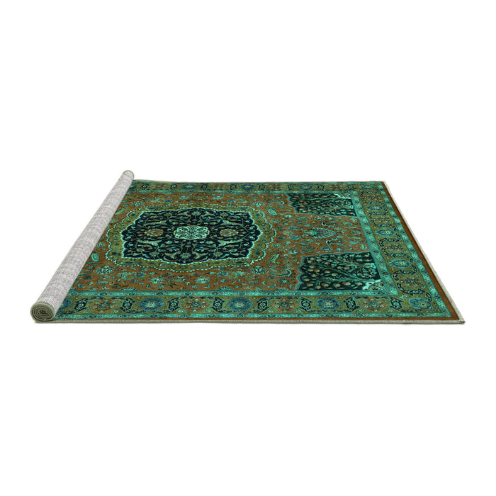 Sideview of Machine Washable Persian Turquoise Traditional Area Rugs, wshtr2249turq