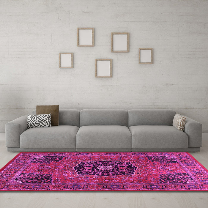 Machine Washable Persian Pink Traditional Rug in a Living Room, wshtr2249pnk