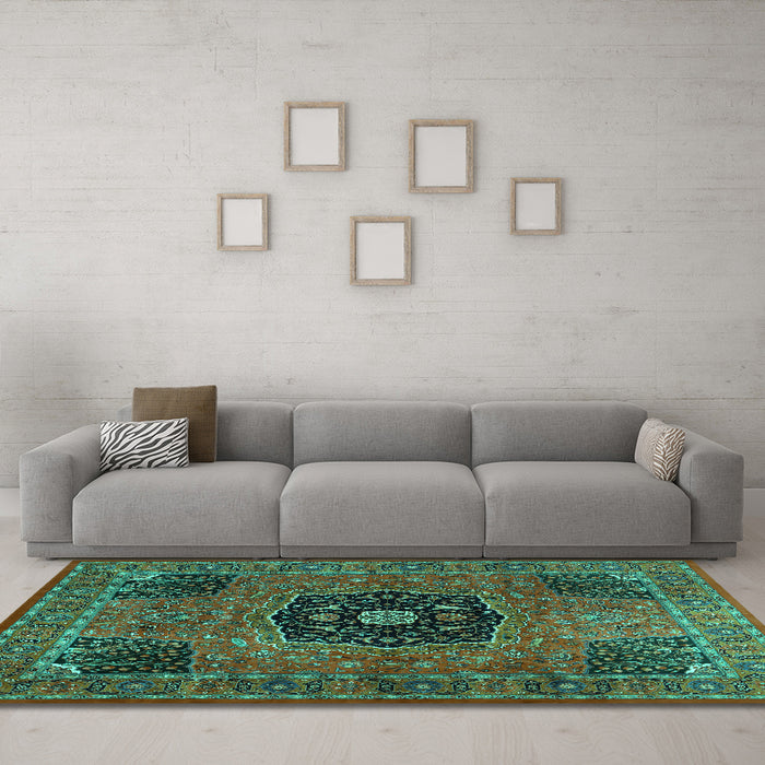 Machine Washable Persian Turquoise Traditional Area Rugs in a Living Room,, wshtr2249turq