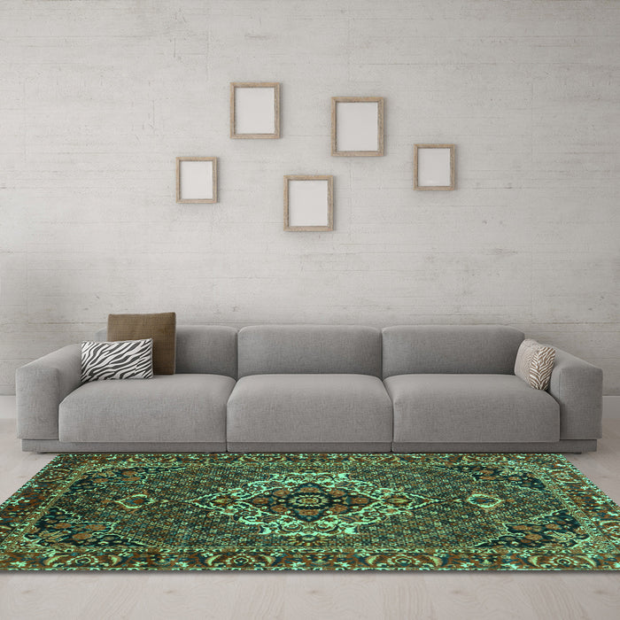 Machine Washable Persian Turquoise Traditional Area Rugs in a Living Room,, wshtr2251turq