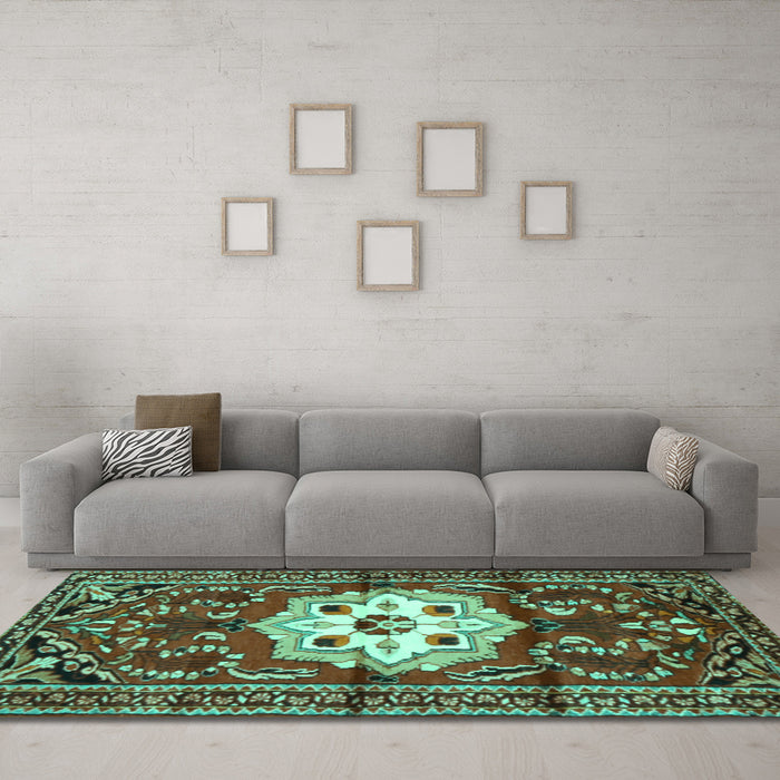 Machine Washable Persian Turquoise Traditional Area Rugs in a Living Room,, wshtr2252turq