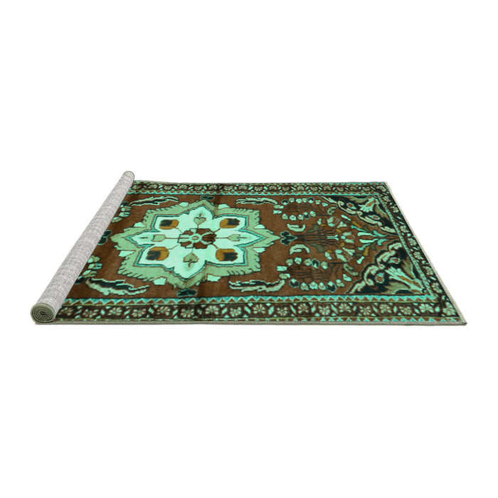 Sideview of Machine Washable Persian Turquoise Traditional Area Rugs, wshtr2252turq