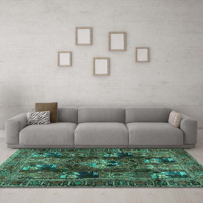 Machine Washable Persian Turquoise Traditional Area Rugs in a Living Room,, wshtr2253turq