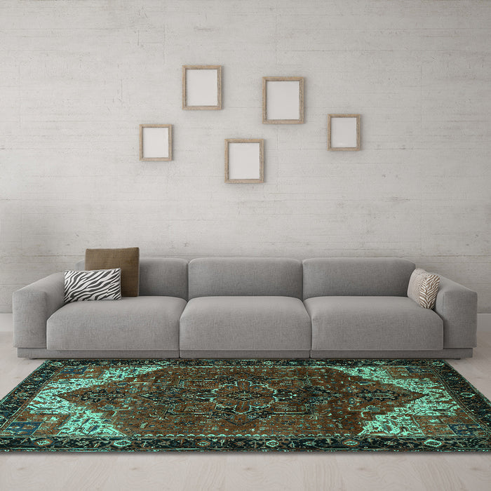 Machine Washable Persian Turquoise Traditional Area Rugs in a Living Room,, wshtr2254turq