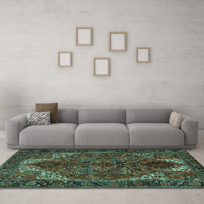 Machine Washable Persian Turquoise Traditional Area Rugs in a Living Room,, wshtr2255turq
