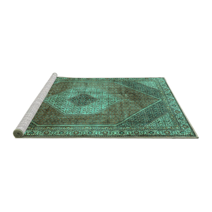 Sideview of Machine Washable Persian Turquoise Traditional Area Rugs, wshtr2256turq