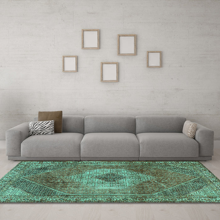 Machine Washable Persian Turquoise Traditional Area Rugs in a Living Room,, wshtr2256turq