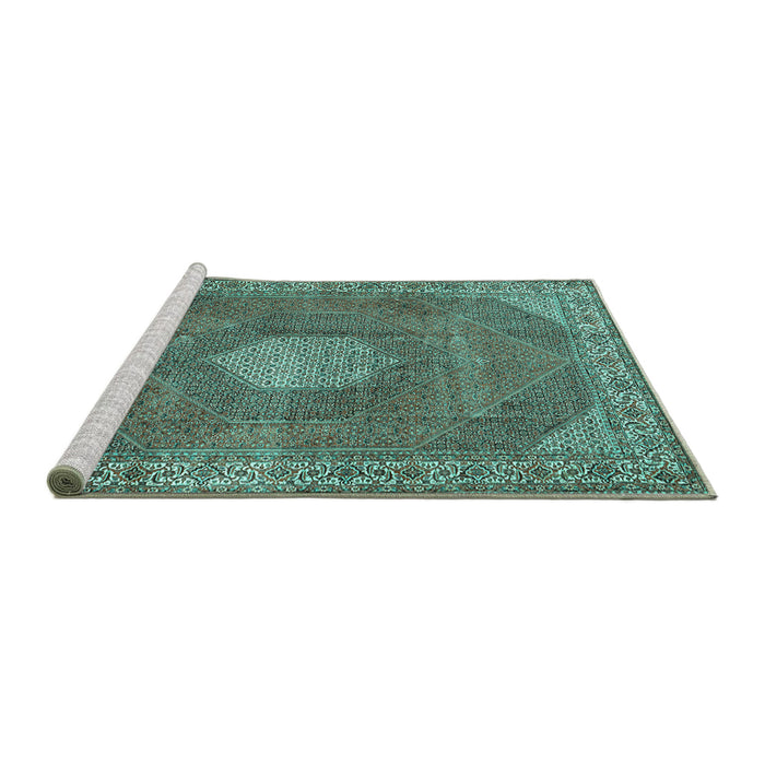 Sideview of Machine Washable Persian Turquoise Traditional Area Rugs, wshtr2257turq