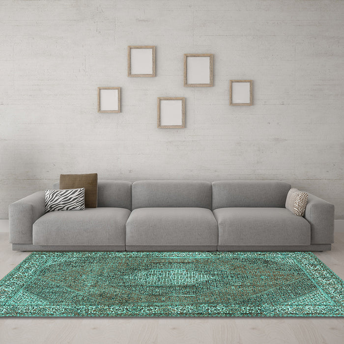 Machine Washable Persian Turquoise Traditional Area Rugs in a Living Room,, wshtr2257turq