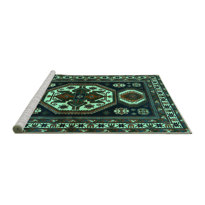Sideview of Machine Washable Persian Turquoise Traditional Area Rugs, wshtr2259turq