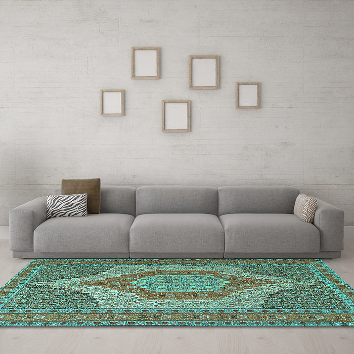 Machine Washable Persian Turquoise Traditional Area Rugs in a Living Room,, wshtr225turq
