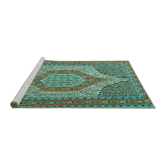 Sideview of Machine Washable Persian Turquoise Traditional Area Rugs, wshtr225turq