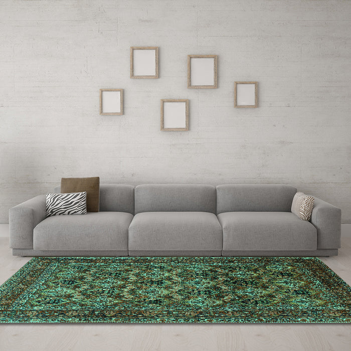 Machine Washable Persian Turquoise Traditional Area Rugs in a Living Room,, wshtr2262turq
