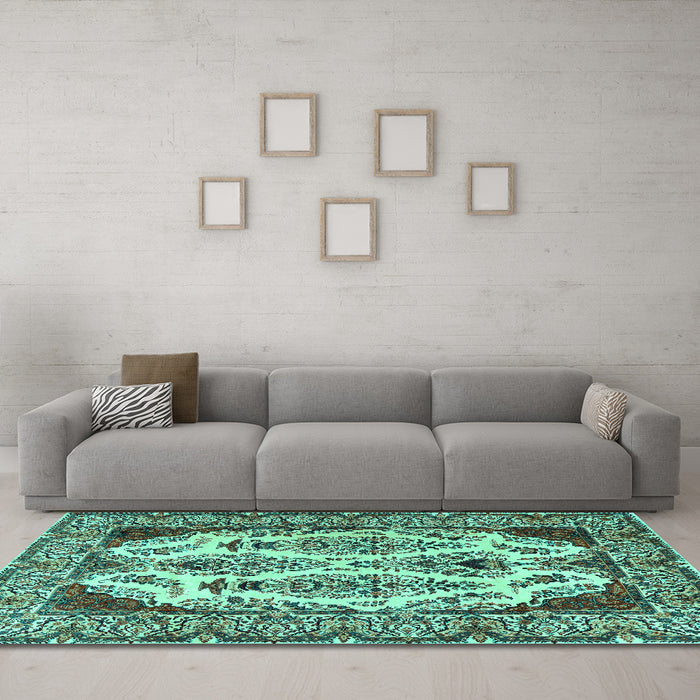 Machine Washable Persian Turquoise Traditional Area Rugs in a Living Room,, wshtr2264turq