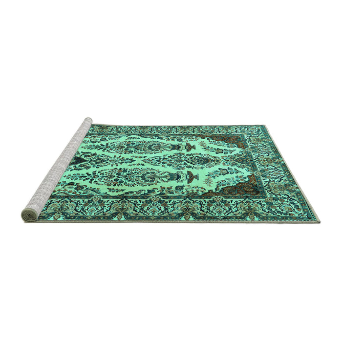 Sideview of Machine Washable Persian Turquoise Traditional Area Rugs, wshtr2264turq