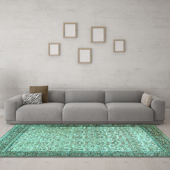 Machine Washable Persian Turquoise Traditional Area Rugs in a Living Room,, wshtr2265turq