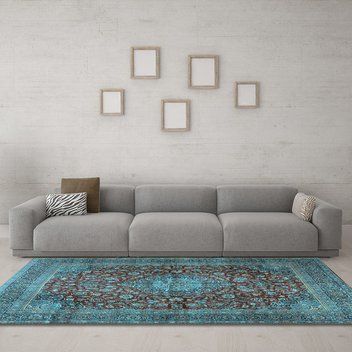 Machine Washable Medallion Light Blue Traditional Rug in a Living Room, wshtr2266lblu