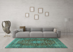 Machine Washable Medallion Turquoise Traditional Area Rugs in a Living Room,, wshtr2266turq