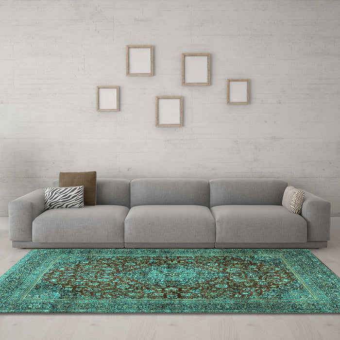 Machine Washable Medallion Turquoise Traditional Area Rugs in a Living Room,, wshtr2266turq