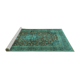 Sideview of Machine Washable Medallion Turquoise Traditional Area Rugs, wshtr2266turq
