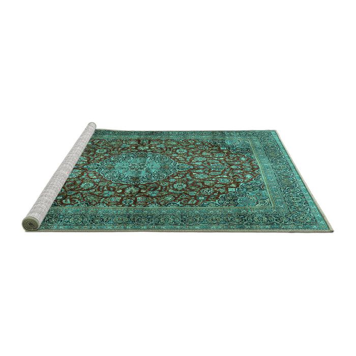 Sideview of Machine Washable Medallion Turquoise Traditional Area Rugs, wshtr2266turq