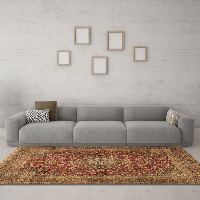 Machine Washable Medallion Brown Traditional Rug in a Living Room,, wshtr2266brn