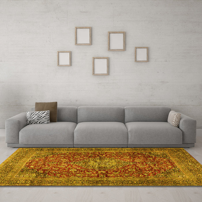 Machine Washable Medallion Yellow Traditional Rug in a Living Room, wshtr2266yw