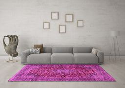Machine Washable Medallion Pink Traditional Rug in a Living Room, wshtr2266pnk