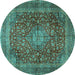 Round Machine Washable Medallion Turquoise Traditional Area Rugs, wshtr2266turq