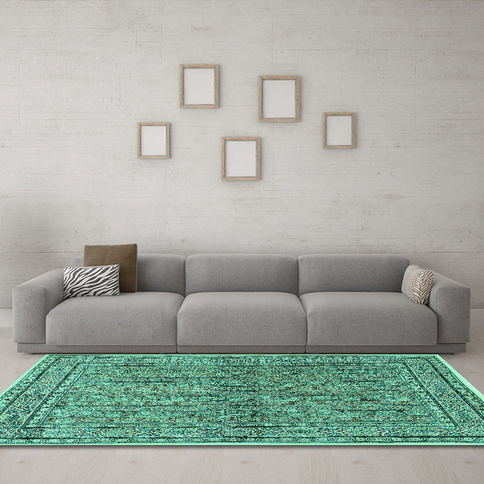 Machine Washable Persian Turquoise Traditional Area Rugs in a Living Room,, wshtr2267turq