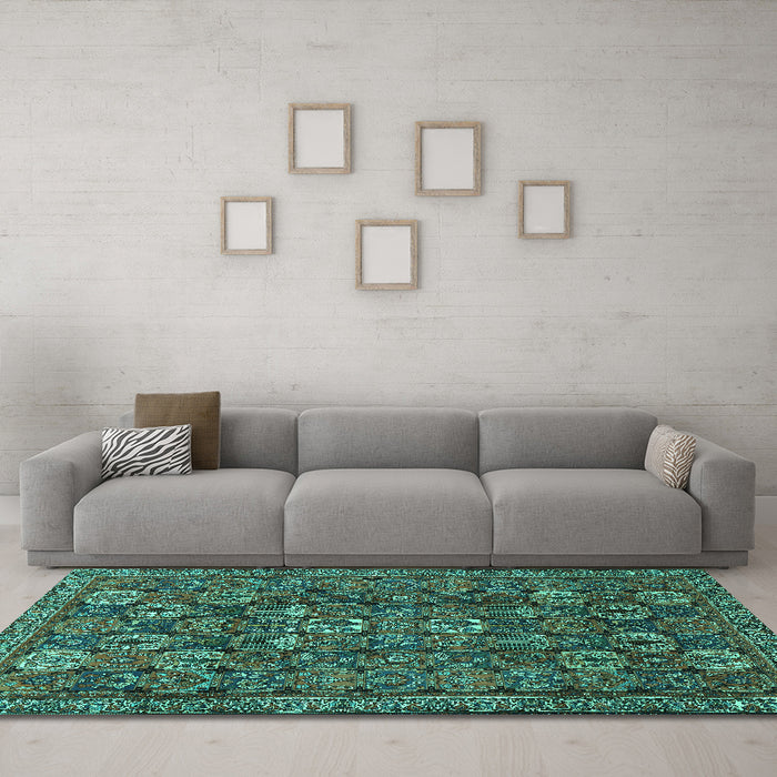 Machine Washable Persian Turquoise Traditional Area Rugs in a Living Room,, wshtr2269turq
